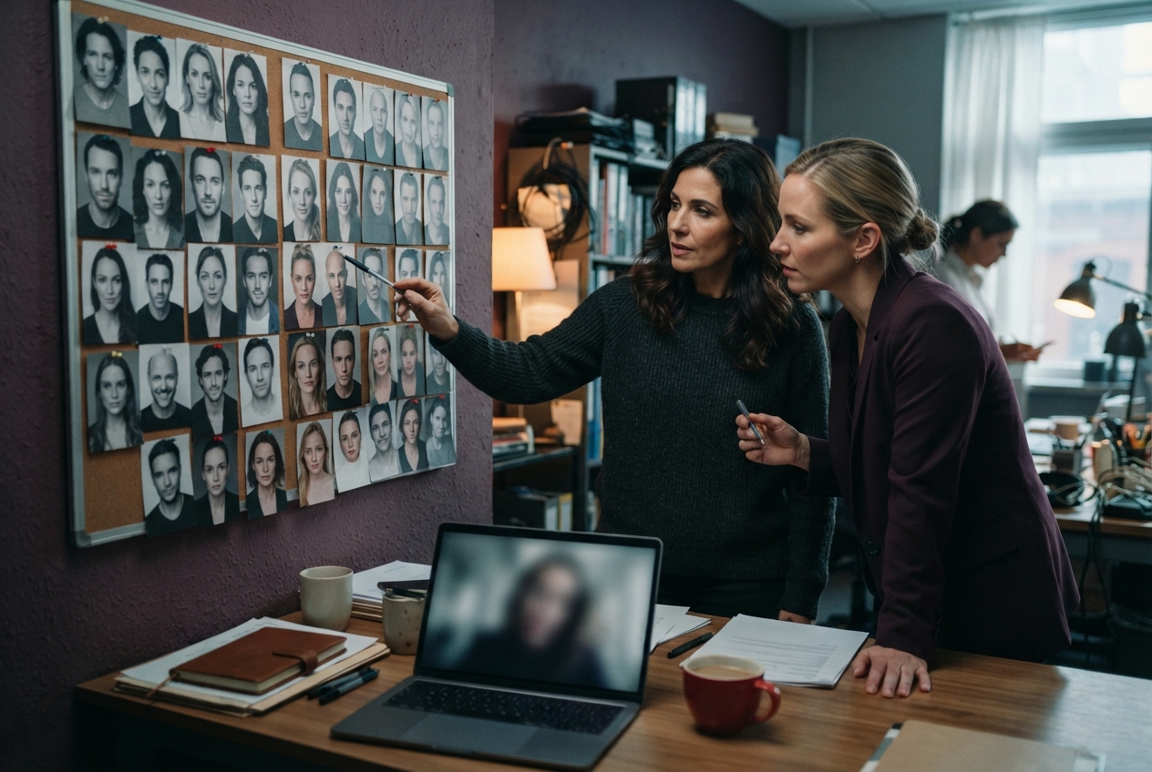 Casting team reviewing applicant headshots on a board