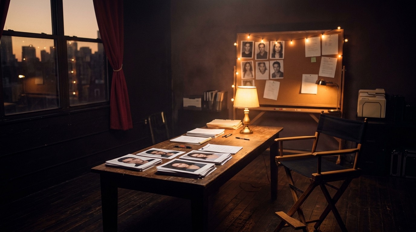 A quiet casting room with headshots on a table and a pinned board