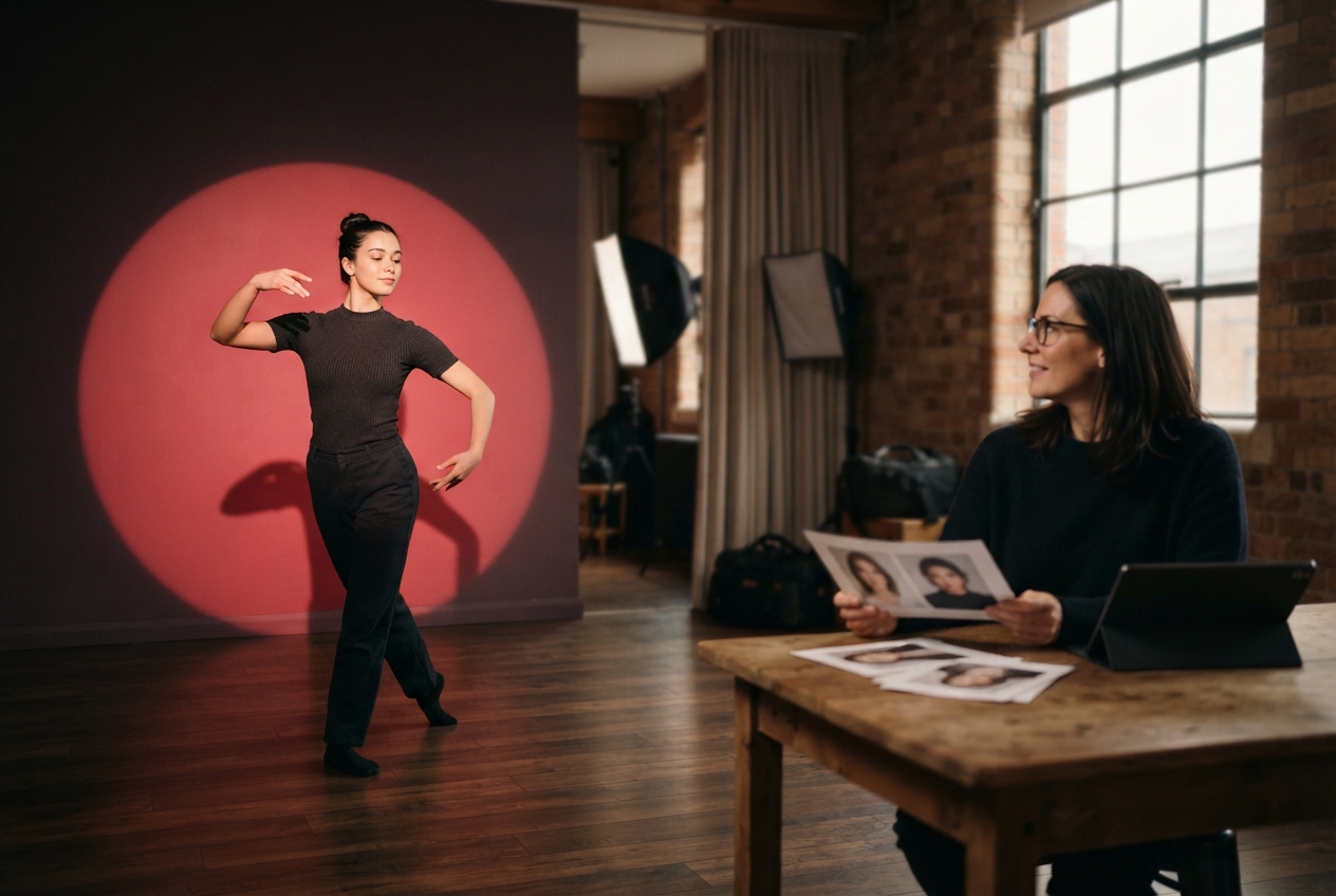 A performer stepping into a casting spotlight while a director looks on