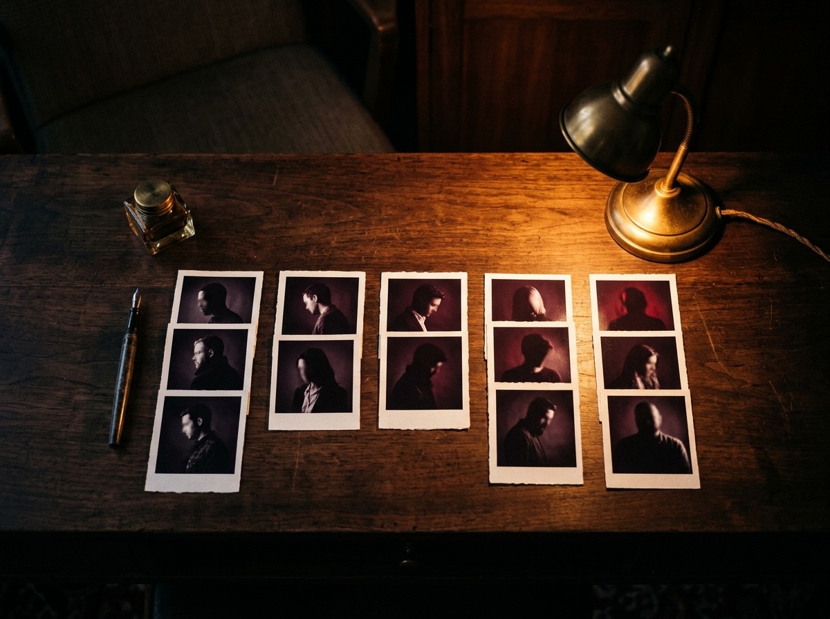 Printed headshots arranged in columns on a desk like a shortlist